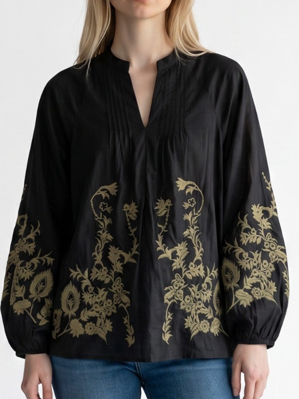 Ivy Jane Black Embroidered Peasant Blouse with Green Embroidery Floral Detail